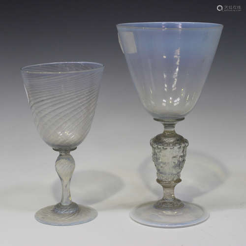 Two opalescent Powell type drinking glasses, second half 19th century, the first with rounded funnel