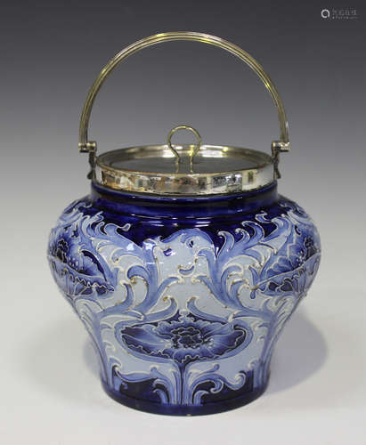 A Macintyre Florian Ware biscuit barrel with plated mounts and cover, 1898 to circa 1905, designed