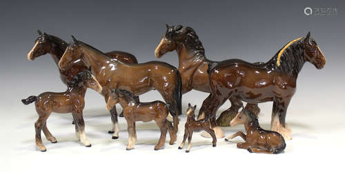 Eight Beswick horses, comprising Shire Mare, No. 818, Cantering Mare, No. 975, Thoroughbred