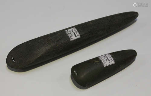 Two Solomon Islands polished stone chisel-type adzes, both bearing 'F.S. Clark Collection' labels,