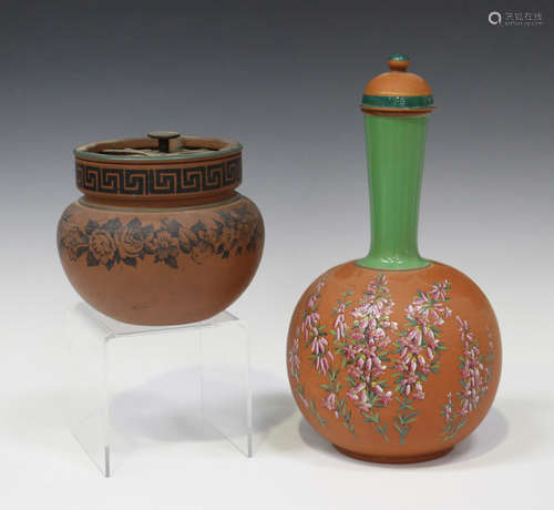 A terracotta colour stoneware water bottle and cover, second half 19th century, the spherical body