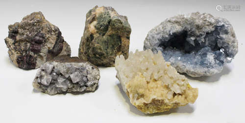 A group of five mineral specimens, including celestite, flourite, two tourmaline and quartz.Buyer’