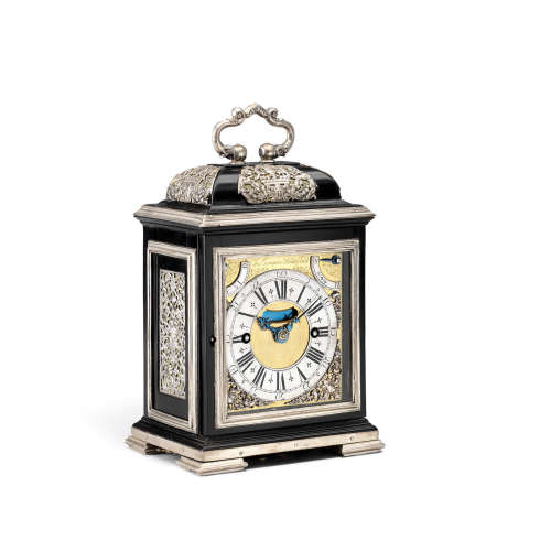 Thomas Tompion, London, number 222.   A HIGHLY IMPORTANT LATE 17TH CENTURY SILVER-MOUNTED EBONY STRIKING AND QUARTER REPEATING MINIATURE TABLE CLOCK, WITH ROYAL PROVENANCE, KNOWN AS THE 'Q' CLOCK, THE SMALLEST EBONY CASED CLOCK BY THOMAS TOMPION IN THE WORLD