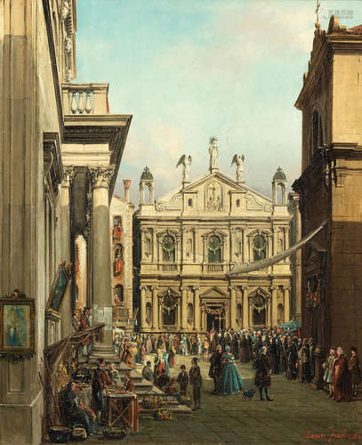 The Doge visiting the Church of San Rocco, Venice; and A procession before the Scuola of San Fantin, Venice  (2) Francesco Zanin(Nove 1824-1884 Venice)