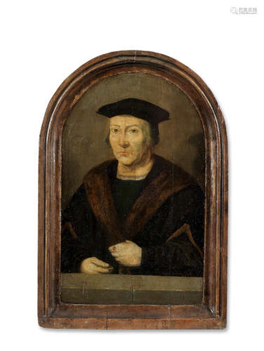 Portrait of a gentleman, said to be Antoine Humbelot, half-length, in a fur-trimmed robe in an integral frame After Joos van Cleve16th Century