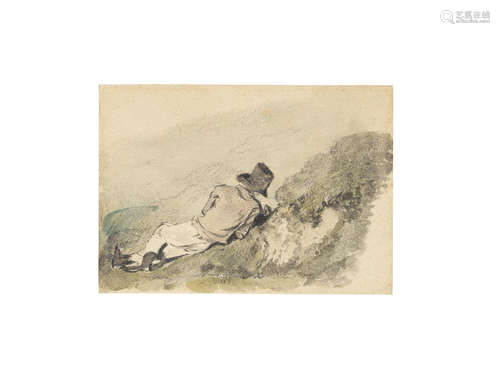 A countryman resting on a bank, seen from behind John Constable  R.A.(East Bergholt 1776-1837 London)