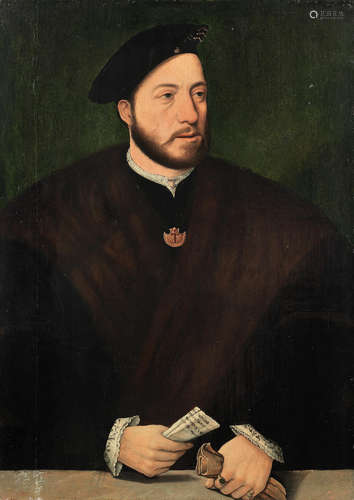 Portrait of a gentleman, half-length, in fur-trimmed robes, holding a letter Ambrosius Benson(circa 1495-1550 Bruges)