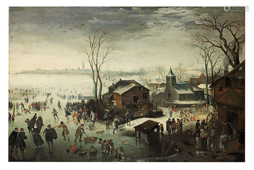 Winter: a landscape with elegant figures skating and boys fighting with snowballs in the foreground, beside a village and a view of Antwerp in the distance beyond Attributed to Jan Wildens(Antwerp 1586-1653)