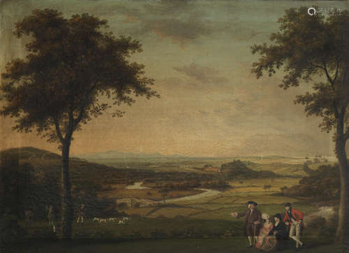 An extensive landscape, said to be Wyreside in Lancashire, with a family said to be the Fentons, conversing in the foreground Circle of William Williams(Llanfair-ar-y-bryn, Carmarthenshire 1727-1791)