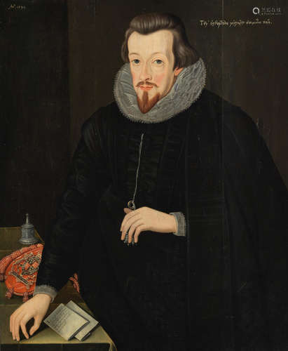 Portrait of Robert Cecil, 1st Earl of Salisbury, three-quarter-length, in black costume beside the purse of the Lord Privy Seal Attributed to John de Critz(Antwerp 1551-1642 London)