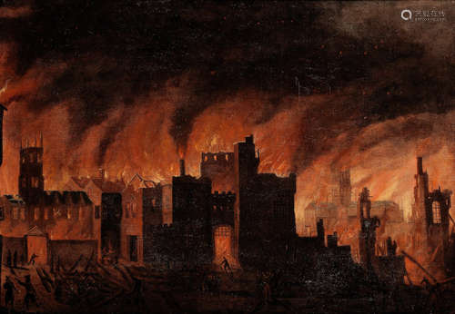 The Great Fire of London from Cripplegate, showing the lead on the roof of Saint Paul's catching light on the night of 4 September 1666 Circle of Jan Griffier(Amsterdam 1656-1718 London)