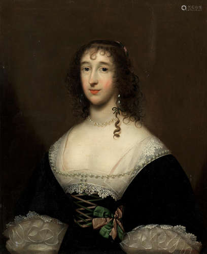 Portrait of a lady, said to be Lettice, Lady Falkland (circa 1612-1647), half-length, in a black dress with white lace collar and cuffs and a green and pink bow Cornelis Jonson van Ceulen(London 1593-1661 Utrecht)