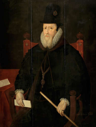 Portrait of William Cecil, 1st Baron Burghley, three-quarter-length, seated by a table, wearing black, with the Order of the Garter, with a fine jewel bearing a cameo portrait of Queen Elizabeth I, holding the Lord Chamberlain's white staff of office Circle of Marcus Gheeraerts the Younger(Bruges 1561-1635 London)
