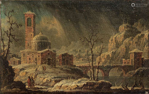 Shipping in stormy seas; A riverside city on fire; A Mediterranean harbour at dusk; A winter landscape; and A rocky river landscape  (5) Alessandro Grevenbroeck(active Venice, 1717-1787)