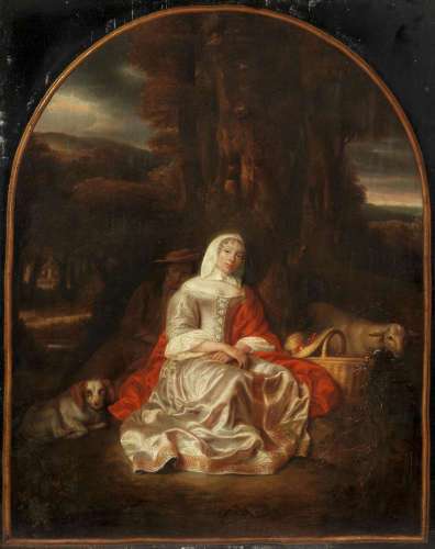 A shepherdess and shepherd resting beneath a tree, within a painted arched frame Samuel van Hoogstraten(Dordrecht 1627-1678)