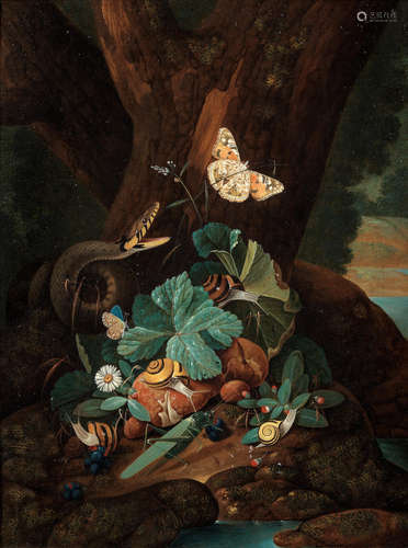 A forest floor still life with a snake, butterflies, snails and a grasshopper; and A forest floor still life with a lizard, butterflies and snails  (2) Karl Wilhelm de Hamilton(Brussels 1668-1754 Augsburg)