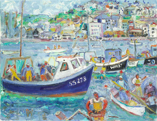 Men Coming Home St Ives Harbour June 08 Linda Weir(British, born 1951)