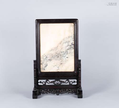 A Chinese Carved Zitan Table Screen with Stone Inlaided