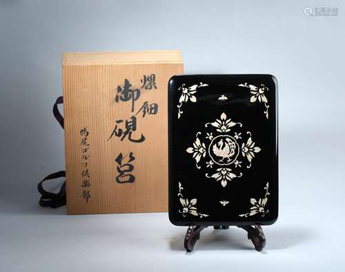 A Japanese Carved Wood Ink Stone Box with Case