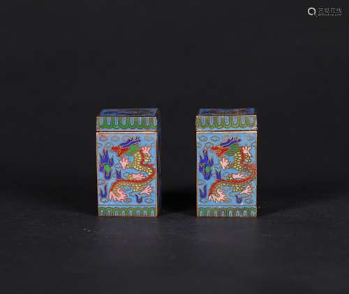 A Pair of Chinese Cloisonné Square Incense Boxes with Covers