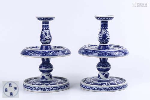 A Pair of Chinese Blue and White Porcelain Candle Holders