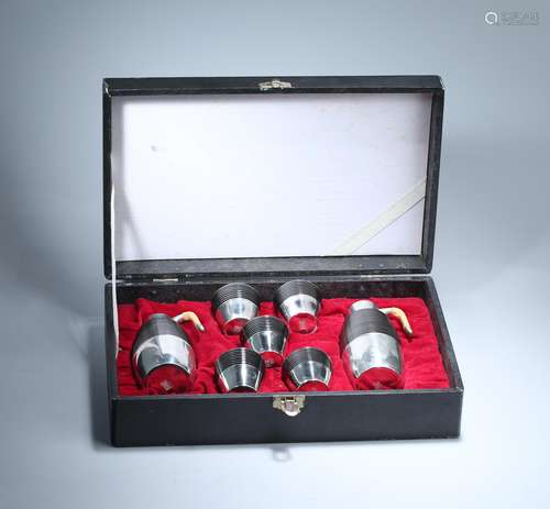 A Set of Japanese Tin Wine Set of Two Wine Pots and Five Cups