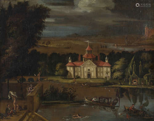 British Naïve School - Country House with Lake and Figures, 18th century oil on canvas, 57cm x 72.