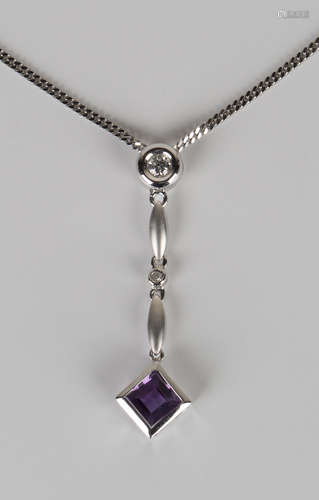 An 18ct white gold, amethyst and diamond pendant, mounted with a square cut amethyst drop on a