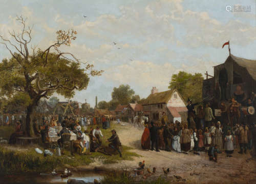 John Holland - The Village Fête, oil on canvas, signed and dated 1874 recto, label verso, 39cm x