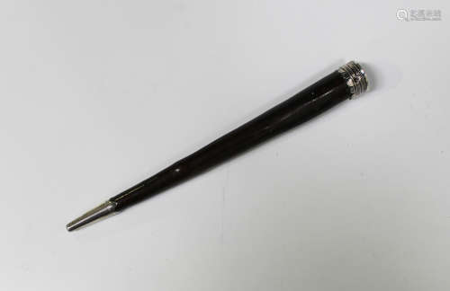 An early 18th century silver mounted leather knitting needle sheath or stick, the leather body of