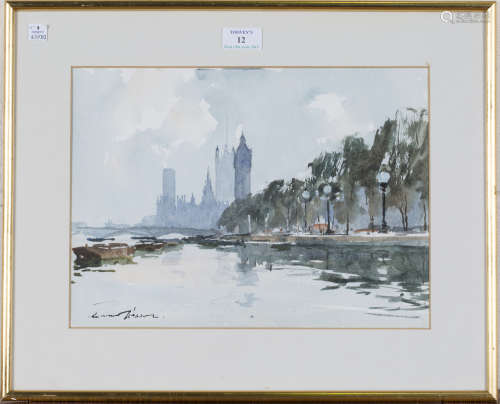 Edward Wesson - View along the Thames with the Palace of Westminster, 20th century watercolour,