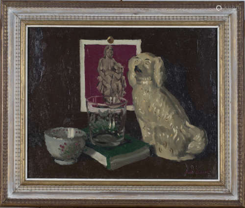 John Whitlock Codner - 'Still Life with Staffordshire Dog', 20th century oil on board, signed recto,