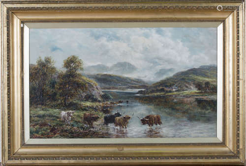 Andrew Lennox - Highland Cattle watering, a pair of late 19th/early 20th century oils on canvas,