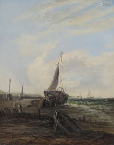 E.W. Rogers - Coastal View with Boats, Figures and Distant Pier, oil on canvas, signed, 52cm x 42cm,