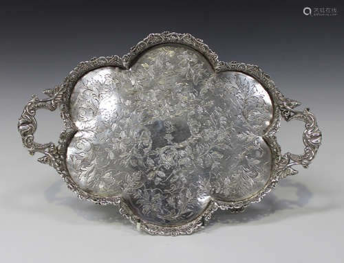 A 19th century Portuguese silver lobed two-handled tray with cast and pierced foliate gallery,