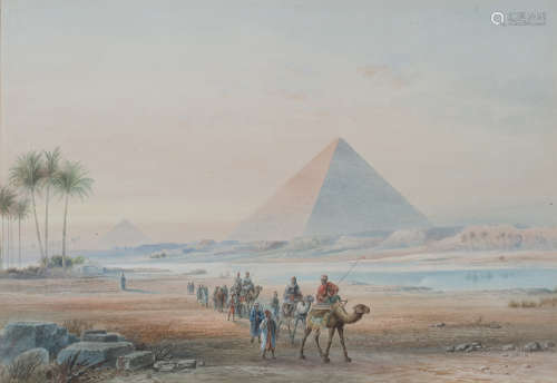 Frederick Goodall - Pyramids at Giza, Egypt, 19th century watercolour, signed with monogram, 59.