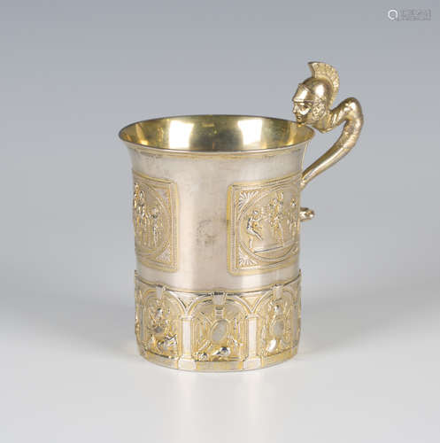 An early 19th century Russian silver gilt mug, 84 zolotnik, of slightly flared cylindrical form with