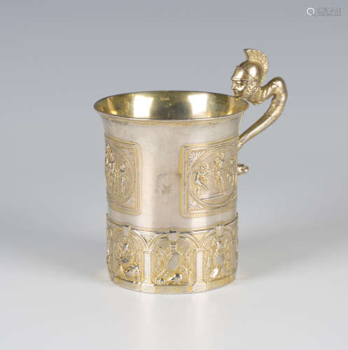 An early 19th century Russian silver gilt mug, 84 zolotnik, of slightly flared cylindrical form with