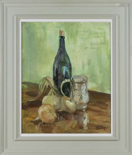 Ronald Ossory Dunlop - 'Still Life with Wine Bottle', 20th century oil on board, signed recto,