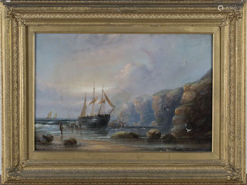 Circle of William Thornley - Sailing Vessel in a Cove with Figures, 19th century oil on canvas, 29cm