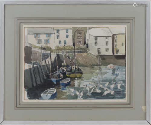 John Anthony Park - Cornish Harbour Scene with Boats and Gulls, 20th century watercolour and ink
