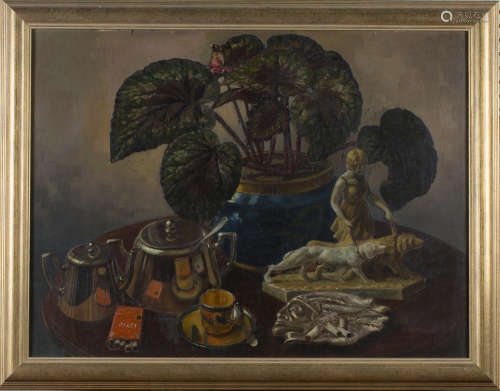 Ernest Victor Hareux - Still Life of a Tabletop with Geraniums in a Jardinière, beside a Ceramic