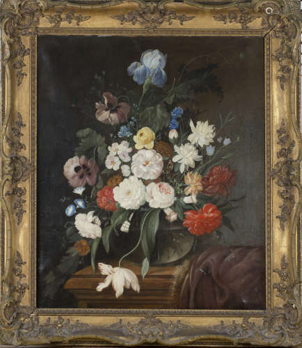 J.v.P., Dutch School - Still Life of Flowers in a Glass Vase on a Ledge, 19th century oil on canvas,