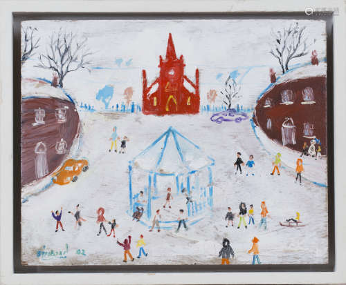 Simeon Stafford - Winter Scene with Church and Figures, oil on board, signed and dated '02, 20cm x