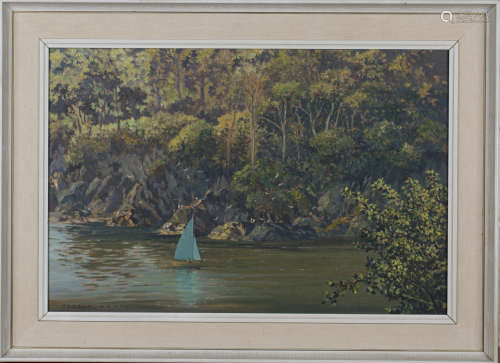 Donald Greig - 'Blue Sails beneath Trees, Salcombe Estuary', 20th century oil on board, signed