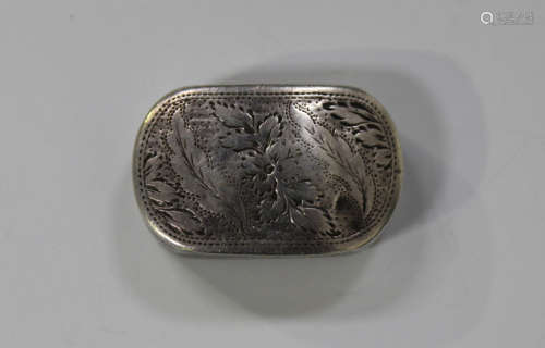 A George III silver curved rectangular vinaigrette, the hinged lid engraved with foliage, the gilt