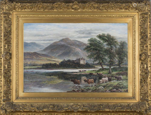 William Langley - Highland Cattle watering from a Loch, a Castle beyond, late 19th/early 20th