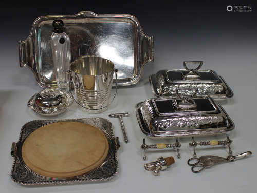 A collection of assorted plated items, including a Christofle ice bucket, a pair of rectangular