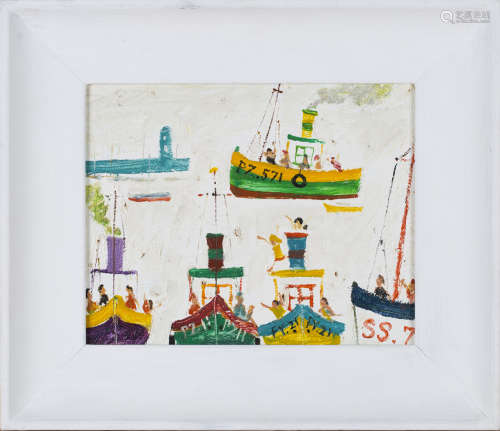 Simeon Stafford - Boats at St Ives, early 21st century oil on board, signed with initials, 19cm x