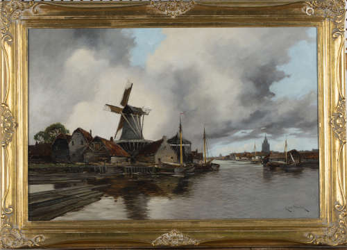 Louis van Staaten - Canal Scene with Windmill and Boats, late 19th/early 20th century oil on canvas,